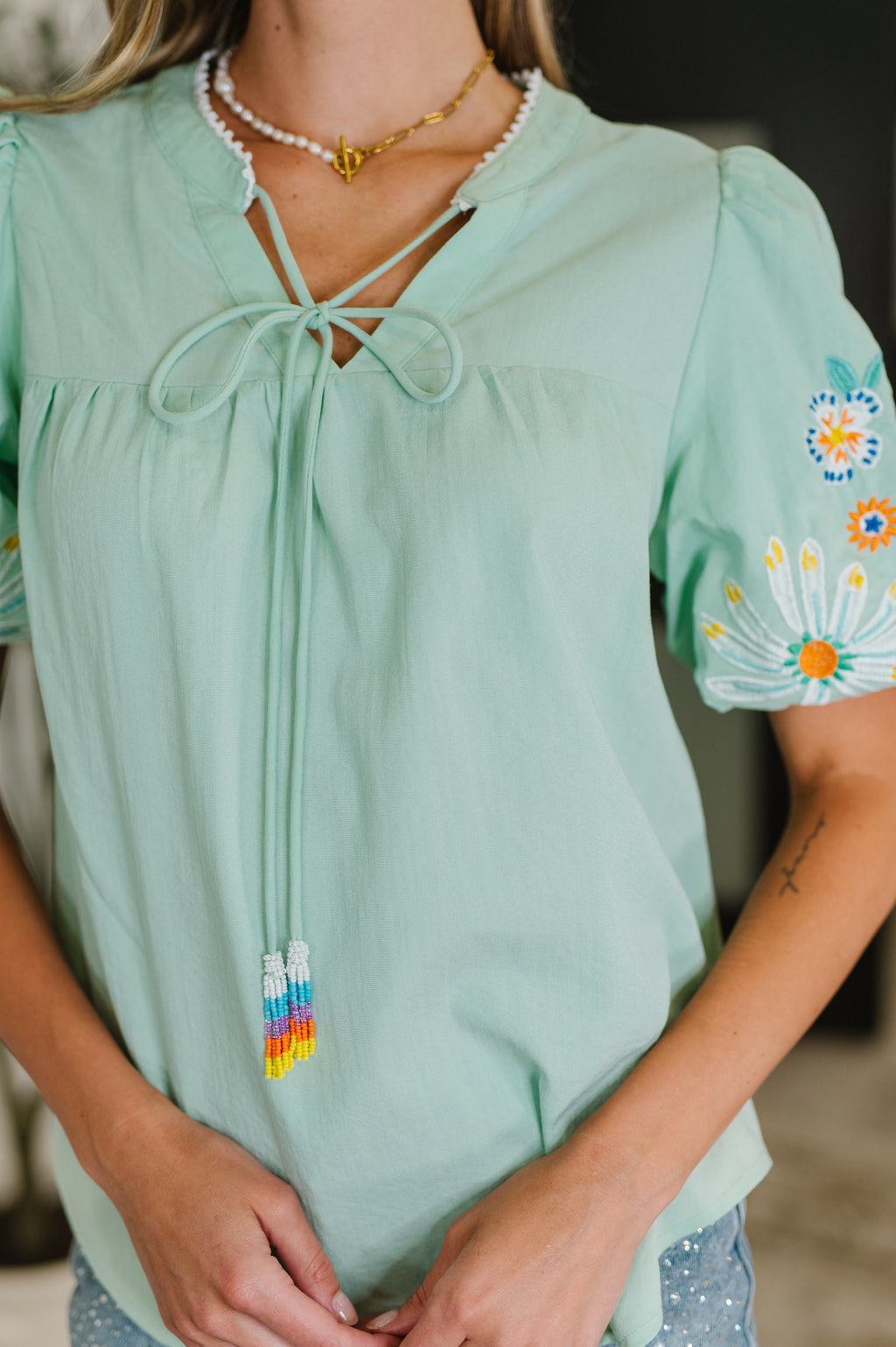 Hazel Blues® |  PREORDER: Embroidered Puff Sleeve V-Neck Blouse in Aqua