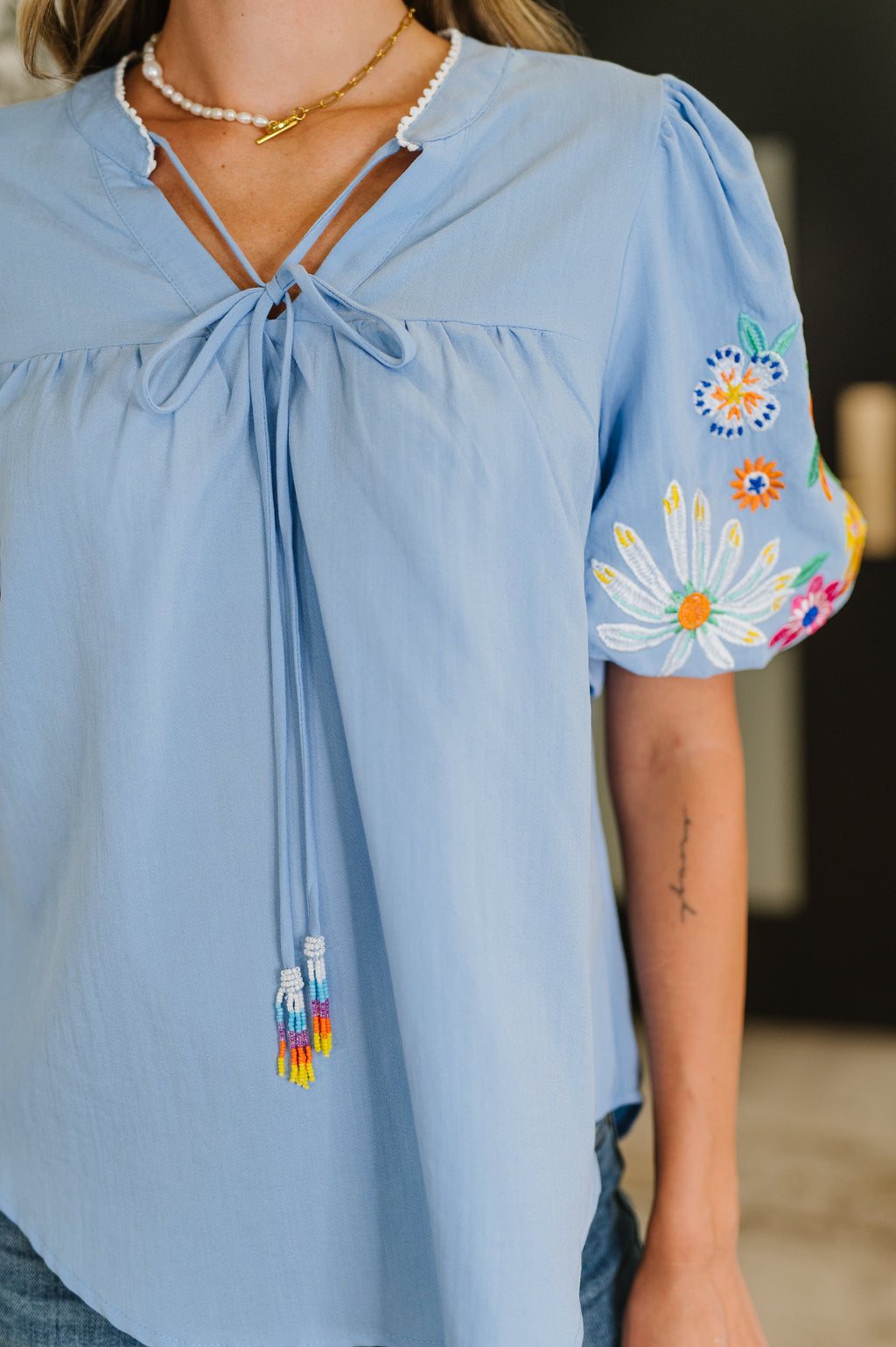 Hazel Blues® |  PREORDER: Embroidered Puff Sleeve V-Neck Blouse in Light Blue