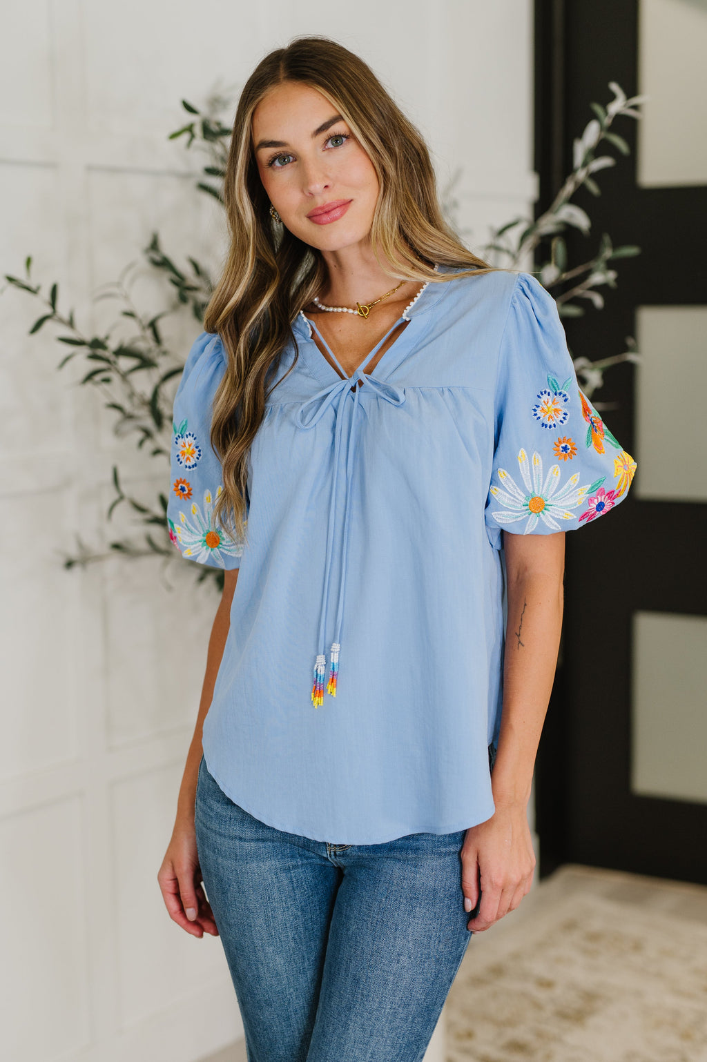 Hazel Blues® |  PREORDER: Embroidered Puff Sleeve V-Neck Blouse in Light Blue
