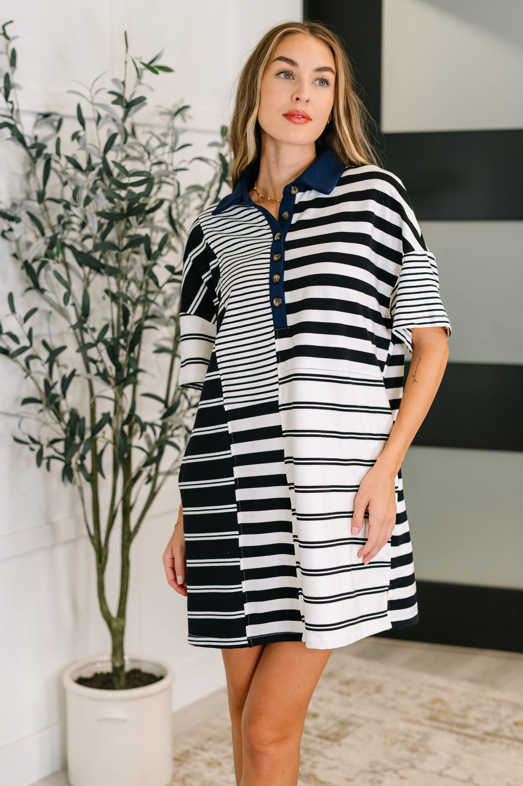 Hazel Blues® |  Everlasting Love Striped Collared Dress in Black and Navy