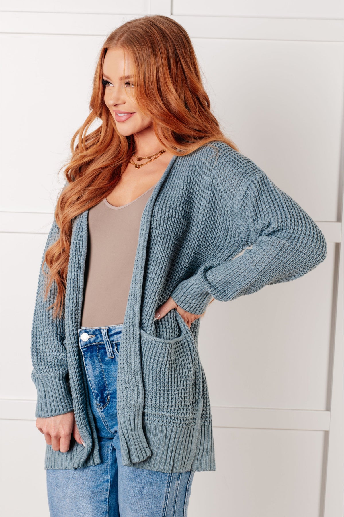 Hazel Blues® |  Everything Layer Waffle Knit Open Front Cardigan in Blue Grey