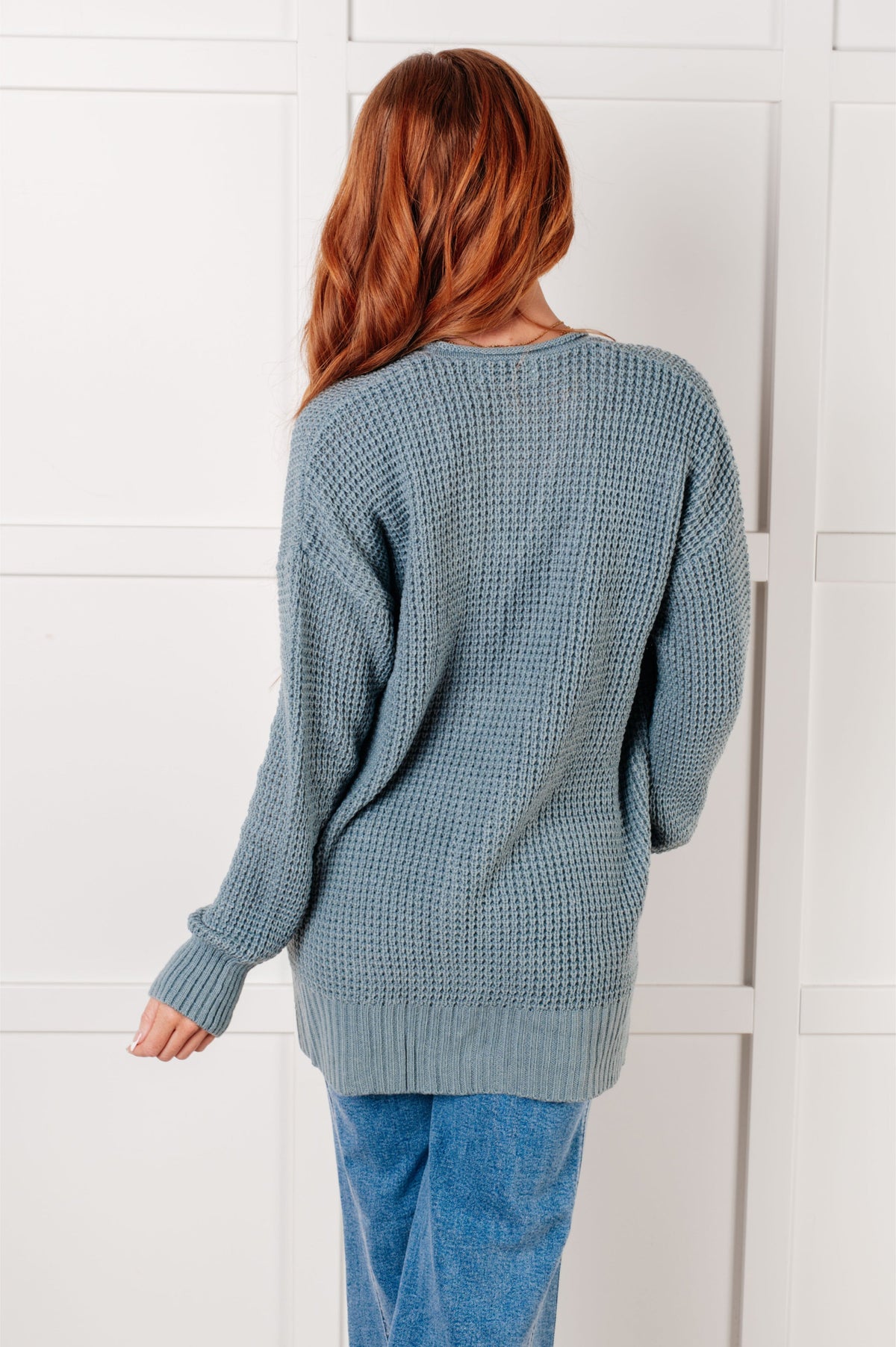 Hazel Blues® |  Everything Layer Waffle Knit Open Front Cardigan in Blue Grey