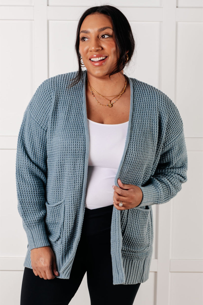 Everything Layer Waffle Knit Open Front Cardigan in Blue Grey