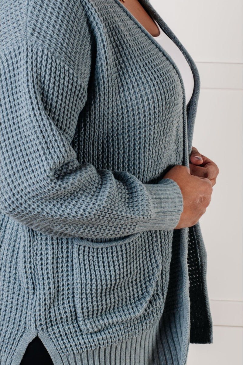 Hazel Blues® |  Everything Layer Waffle Knit Open Front Cardigan in Blue Grey