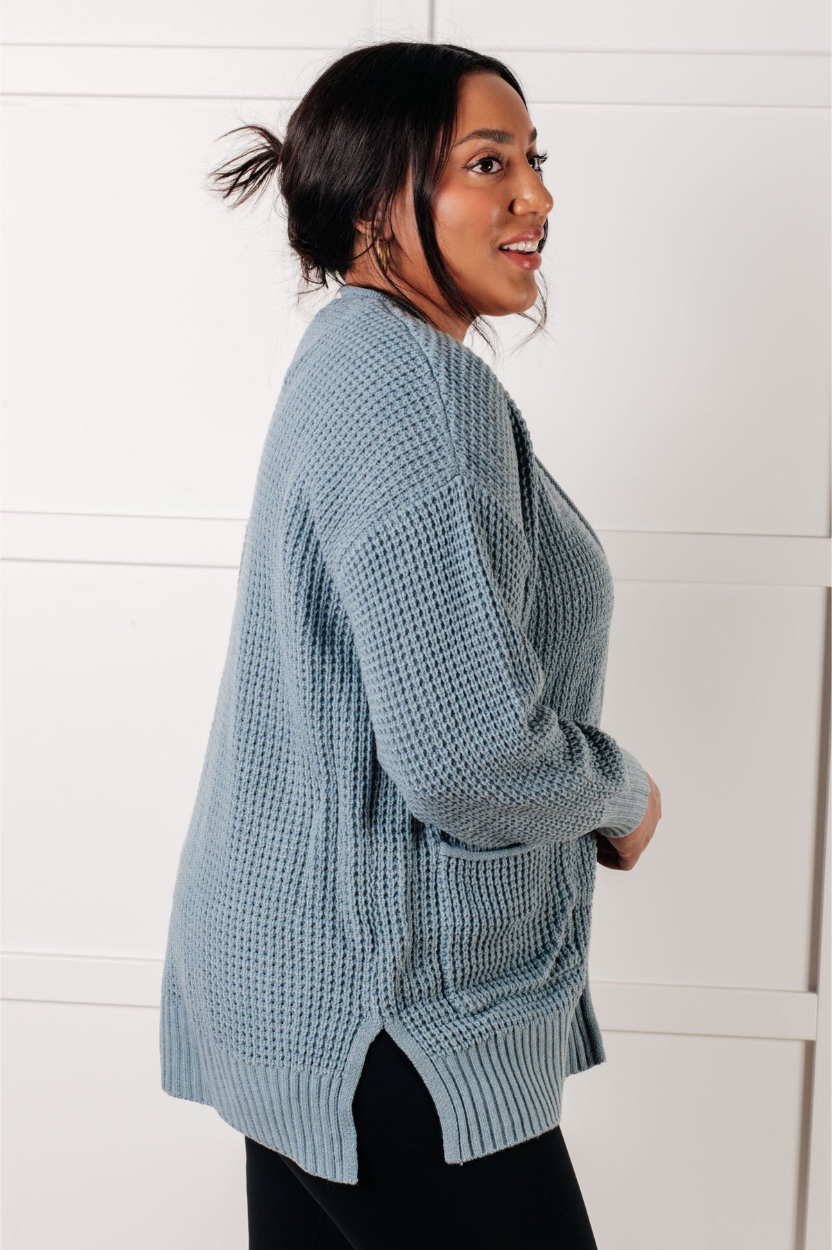 Hazel Blues® |  Everything Layer Waffle Knit Open Front Cardigan in Blue Grey