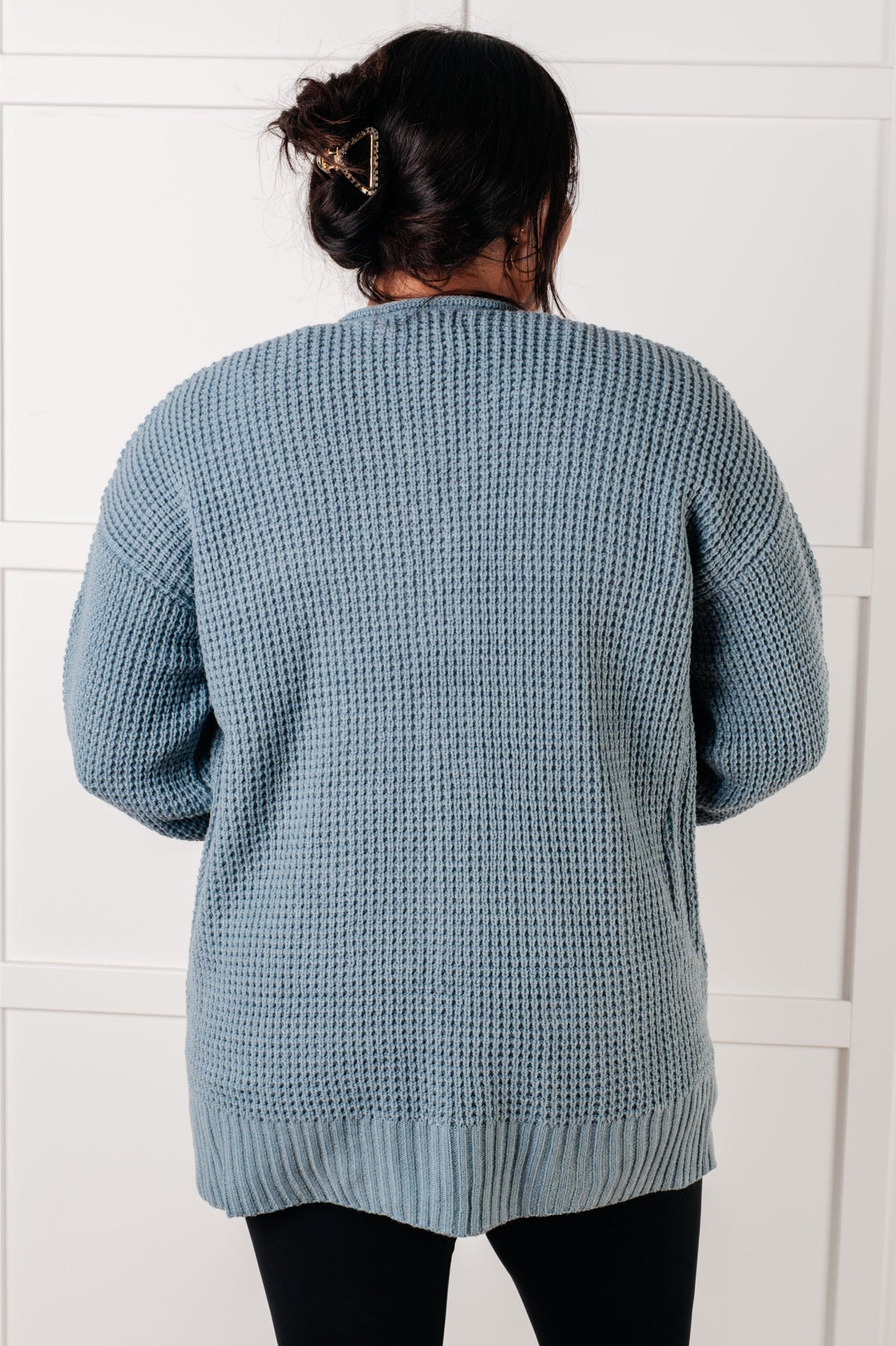 Hazel Blues® |  Everything Layer Waffle Knit Open Front Cardigan in Blue Grey