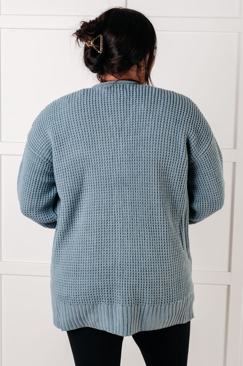 Hazel Blues® |  Everything Layer Waffle Knit Open Front Cardigan in Blue Grey