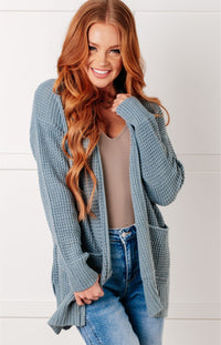 Hazel Blues® |  Everything Layer Waffle Knit Open Front Cardigan in Blue Grey