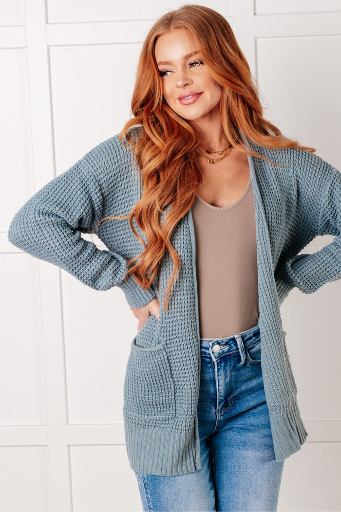 Hazel Blues® |  Everything Layer Waffle Knit Open Front Cardigan in Blue Grey