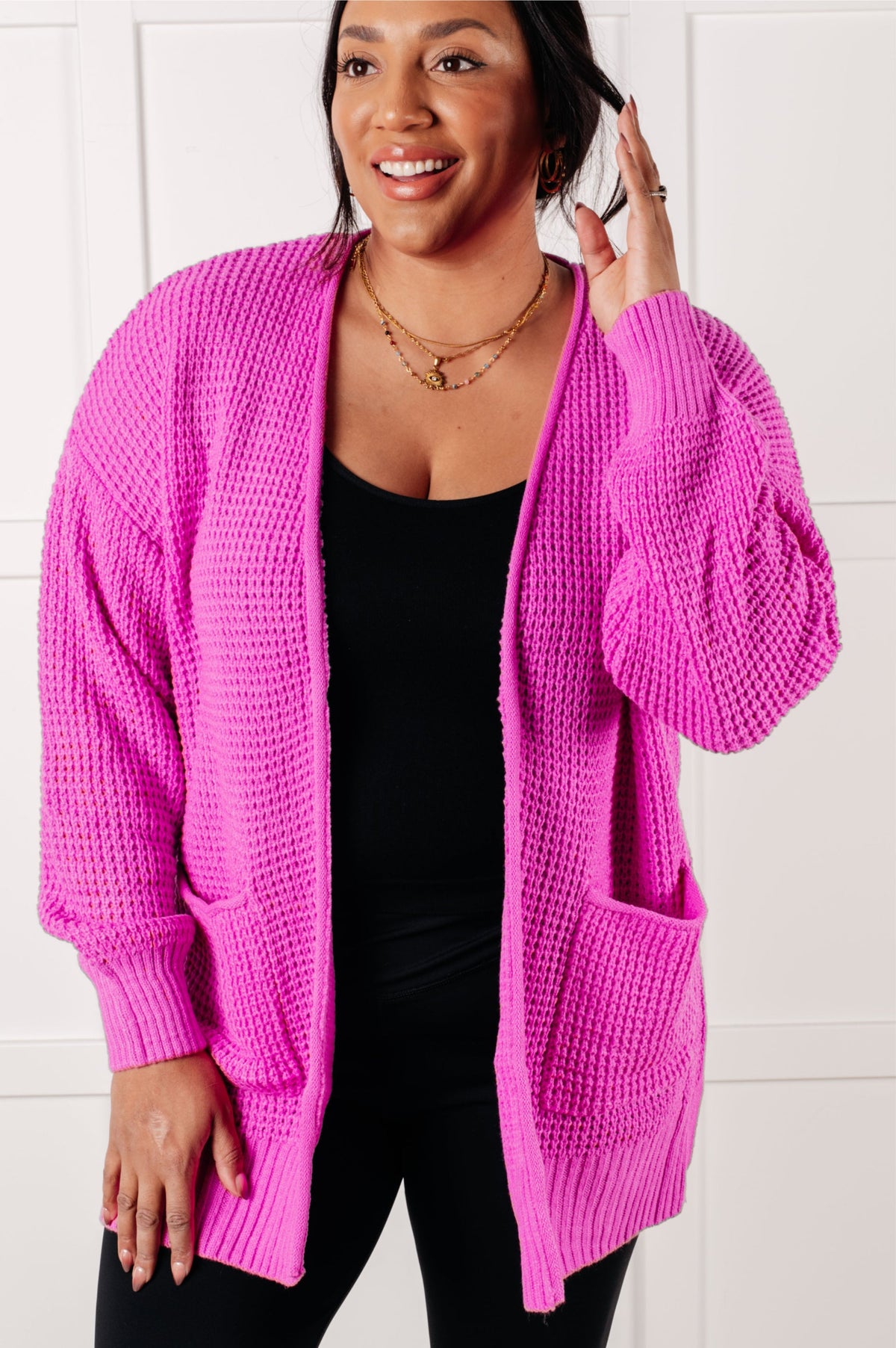 Hazel Blues® |  Everything Layer Waffle Knit Open Front Cardigan in Bright Mauve