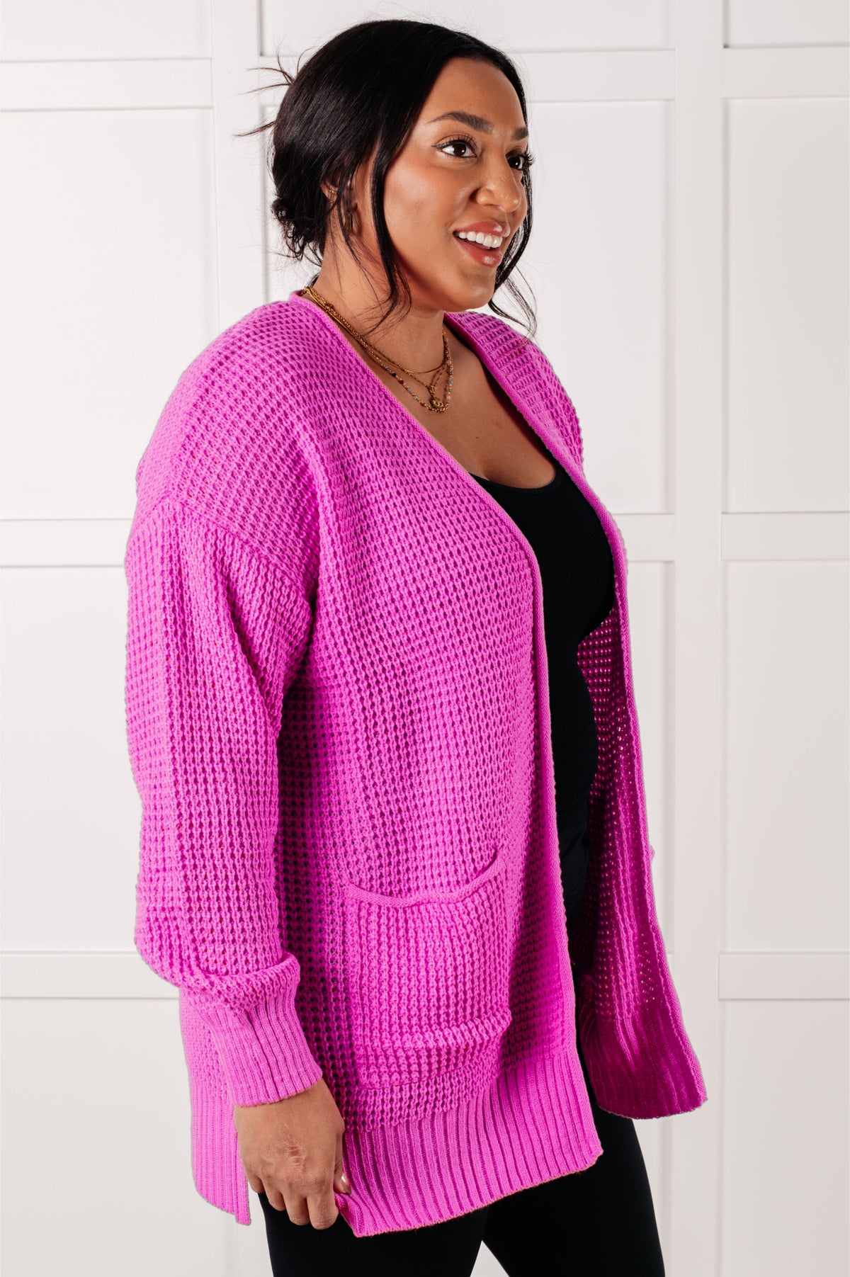 Everything Layer Waffle Knit Open Front Cardigan in Bright Mauve