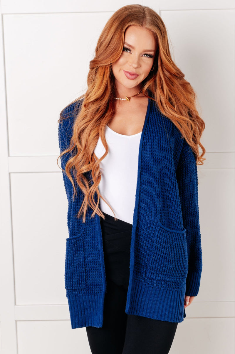 Hazel Blues® |  Everything Layer Waffle Knit Open Front Cardigan in Light Navy