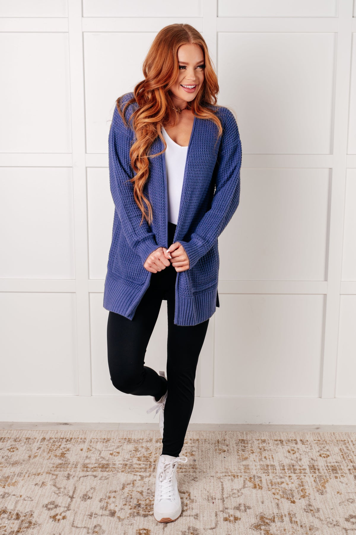 Hazel Blues® |  Everything Layer Waffle Knit Open Front Cardigan in Marlin