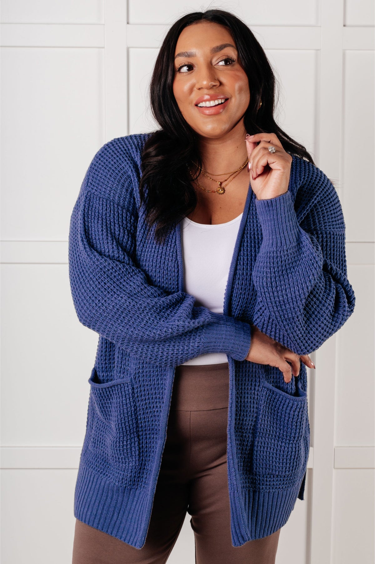 Hazel Blues® |  Everything Layer Waffle Knit Open Front Cardigan in Marlin