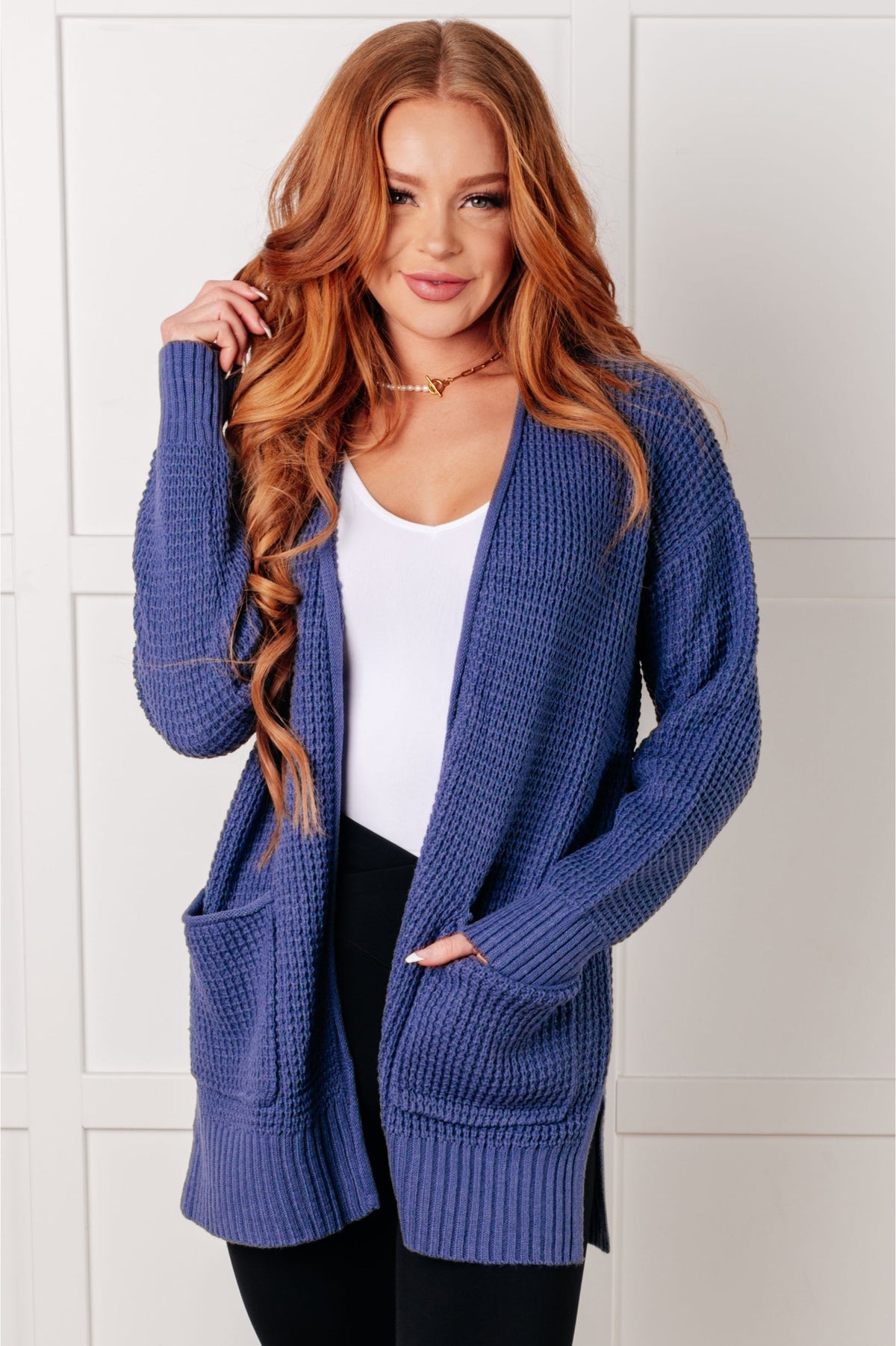 Hazel Blues® |  Everything Layer Waffle Knit Open Front Cardigan in Marlin