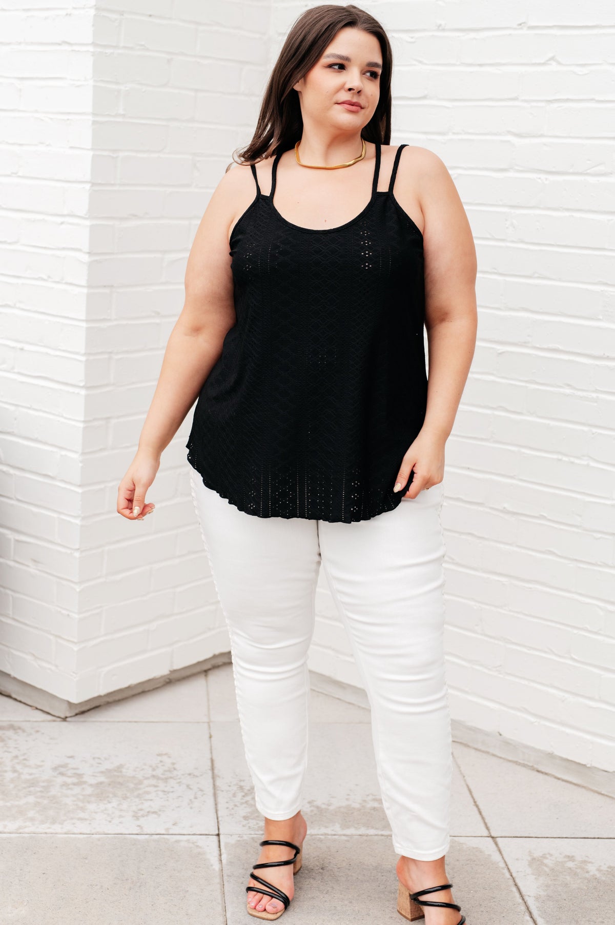 Hazel Blues® |  Eye on the Prize Eyelet Tank in Black