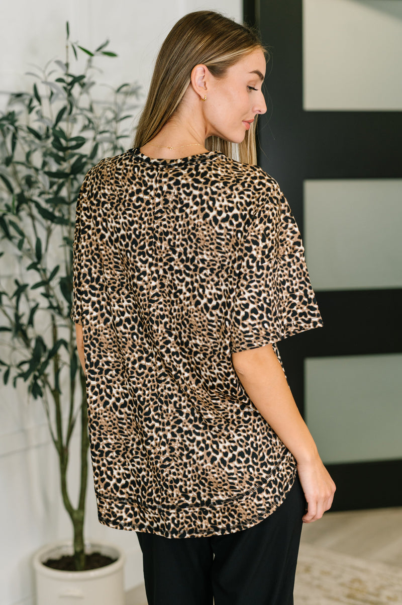 Hazel Blues® |  Feline Fine Ribbed Knit Relaxed Tee in Mocha