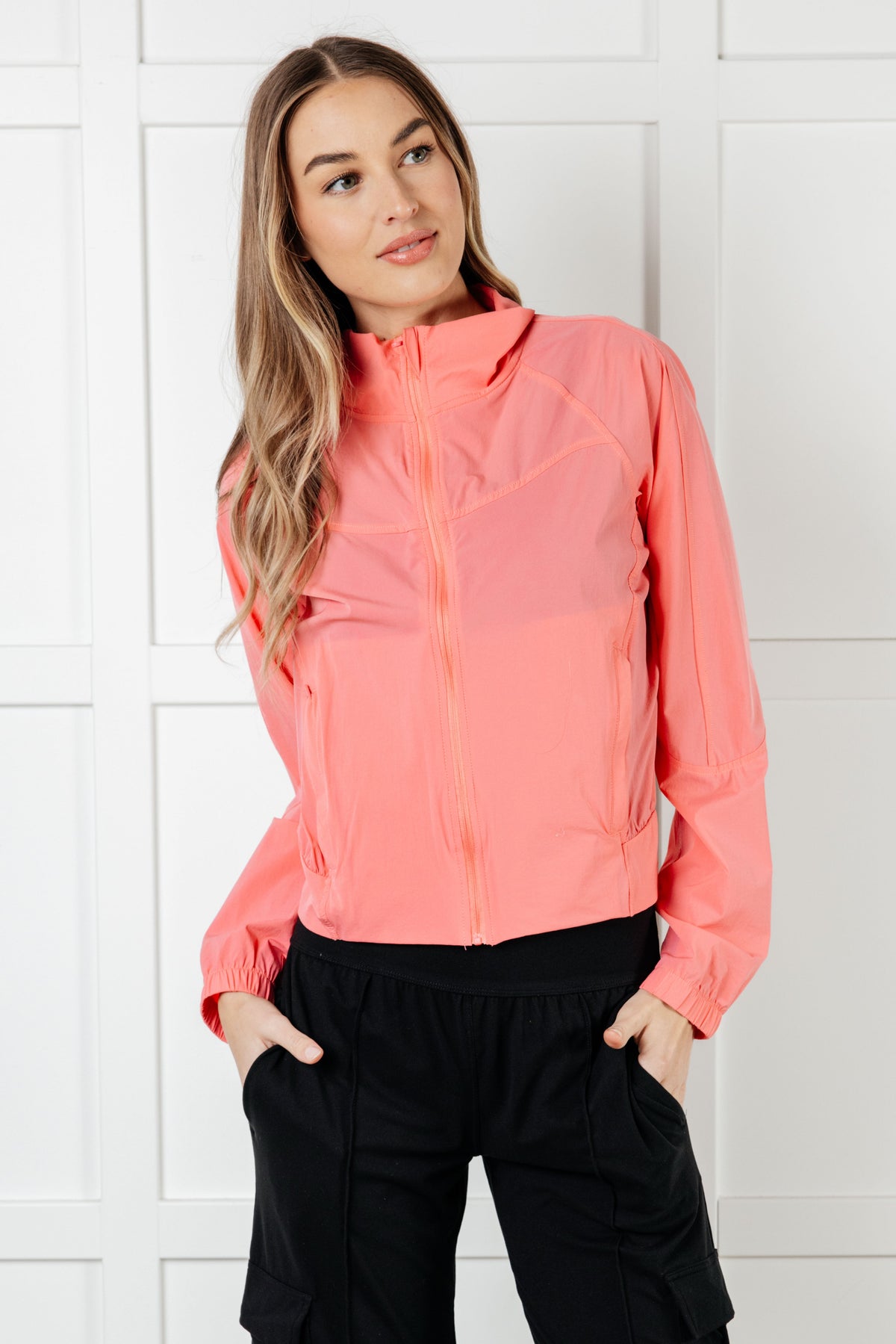 Hazel Blues® |  Fit Happens Nylon Tennis Jacket in Coral Rose