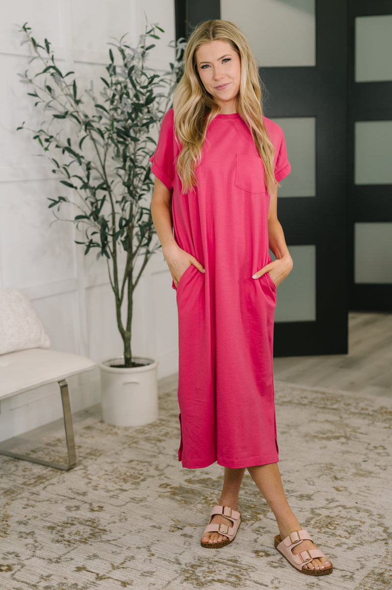 pink short sleeve midi dress Hazel Blues® Color:White Stripe wearing size S → wh_cycle_count Christmas Festive Attire 2025: