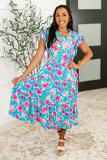 Hazel Blues® |  Fleurget Me Not Tiered Flutter Sleeve Dress in Aqua