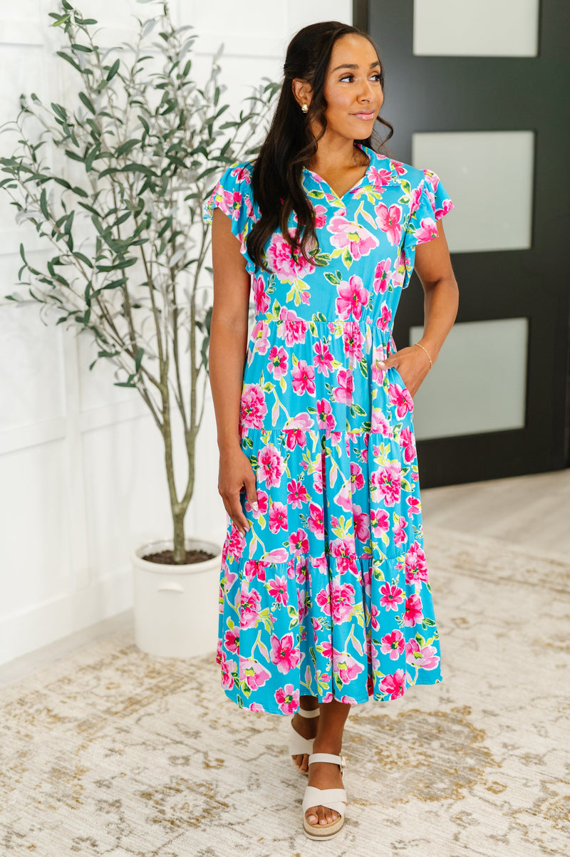 Hazel Blues® |  Fleurget Me Not Tiered Flutter Sleeve Dress in Aqua