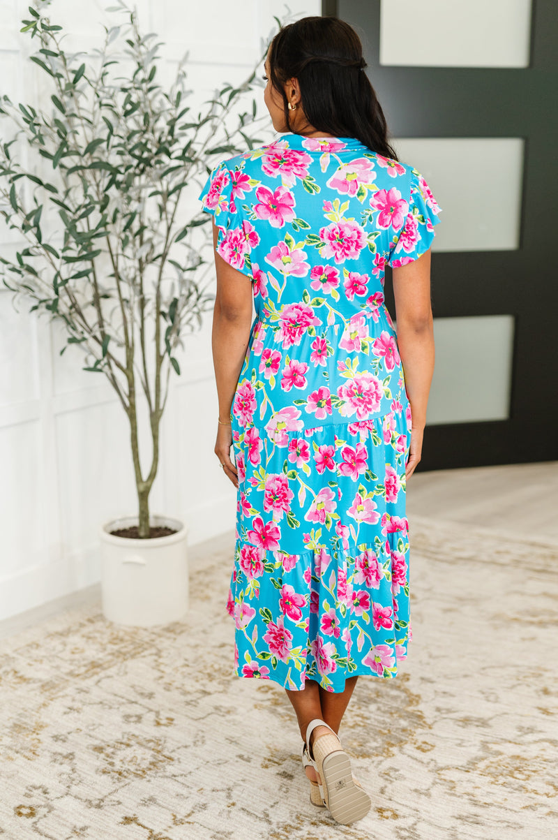 Hazel Blues® |  Fleurget Me Not Tiered Flutter Sleeve Dress in Aqua