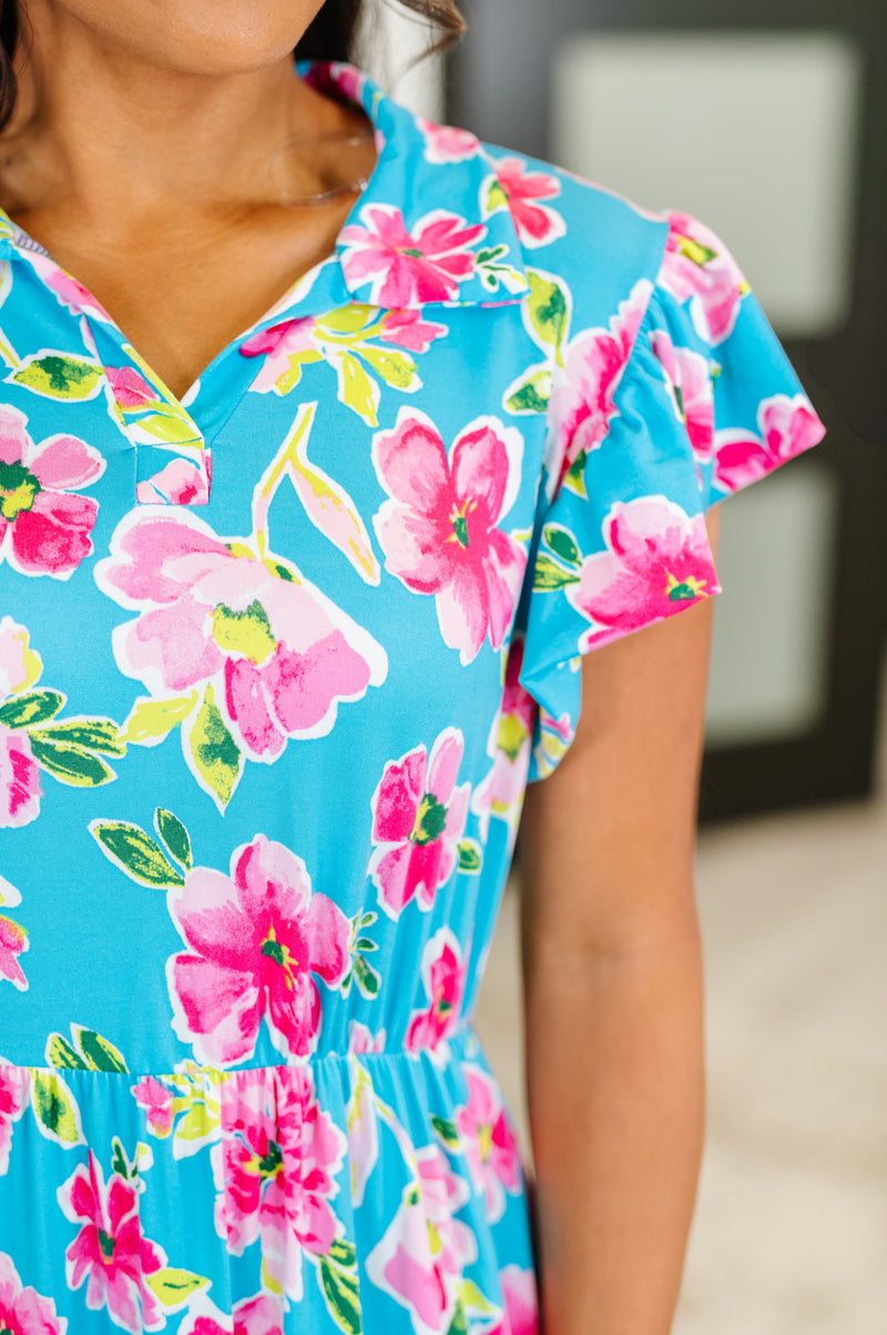 Hazel Blues® |  Fleurget Me Not Tiered Flutter Sleeve Dress in Aqua