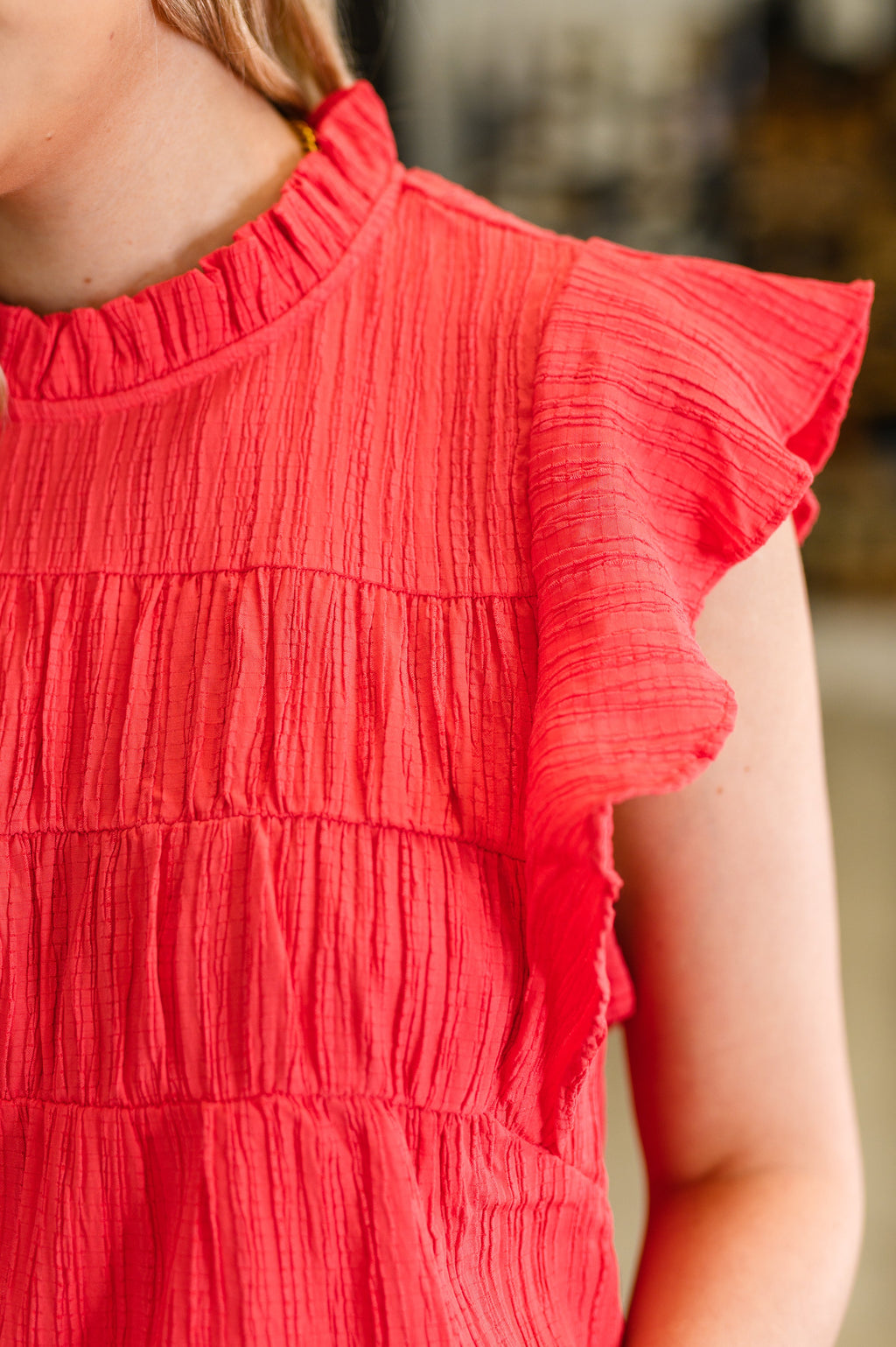 Hazel Blues® |  Float This Way Flutter Sleeve Blouse in Coral