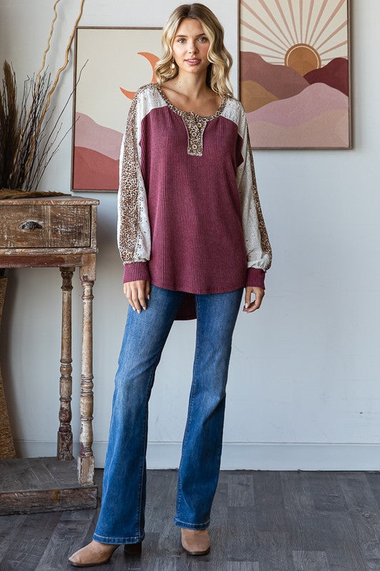 Hazel Blues® |  Bold Behavior Contrast Color Block Top in Burgundy