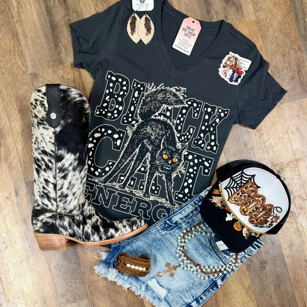 Black Cat Energy | Western V-Neck Graphic T-Shirt