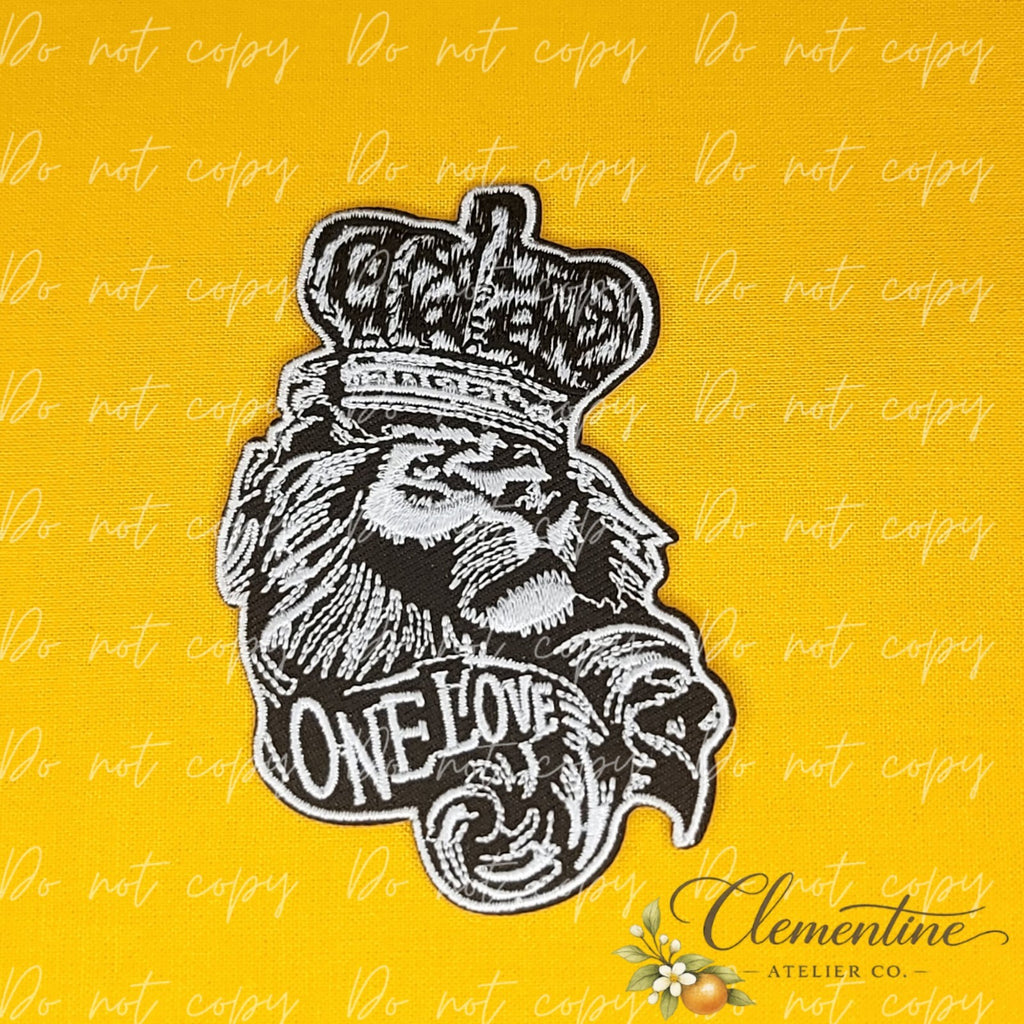 One Love Crowned Lion | Small Iron-On Patch |  Hats, Clothing, Bags+