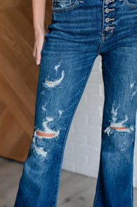 Hazel Blues® |  Gabriella Mid Rise Distressed Button Fly Flare