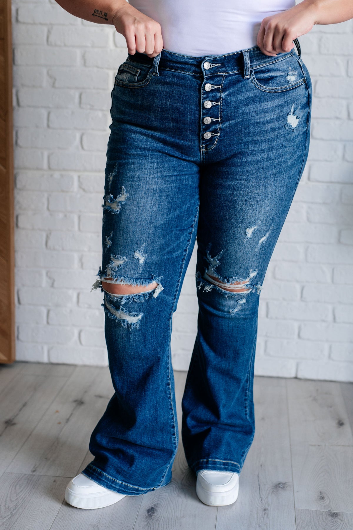 Hazel Blues® |  Gabriella Mid Rise Distressed Button Fly Flare