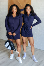 Hazel Blues® |  Getting Out Long Sleeve Hoodie Romper in Navy