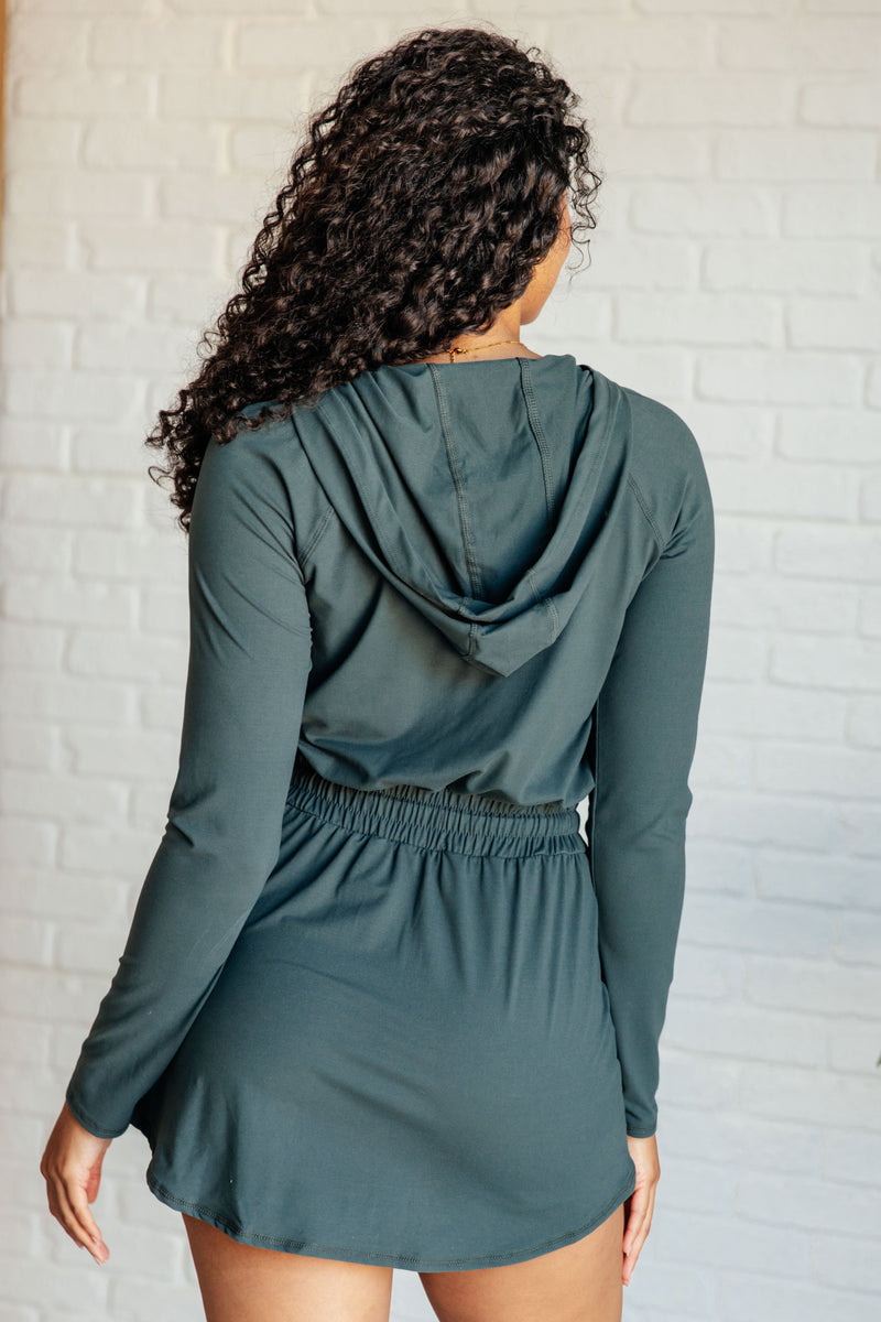 Hazel Blues® |  Getting Out Long Sleeve Hoodie Romper in Smoked Spruce