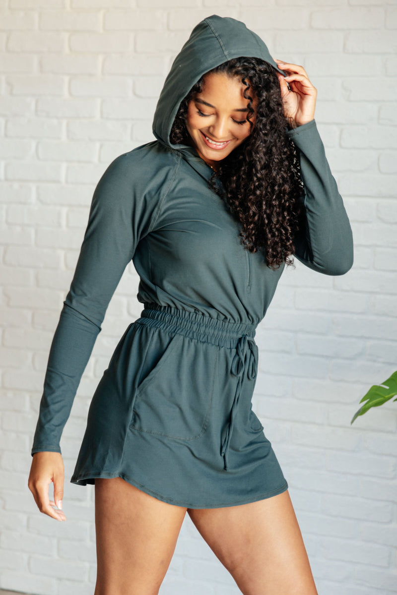 Hazel Blues® |  Getting Out Long Sleeve Hoodie Romper in Smoked Spruce