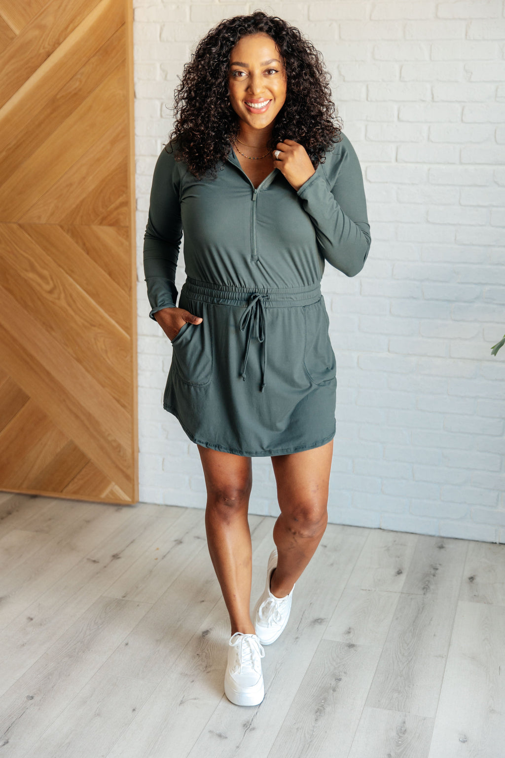 Hazel Blues® |  Getting Out Long Sleeve Hoodie Romper in Smoked Spruce