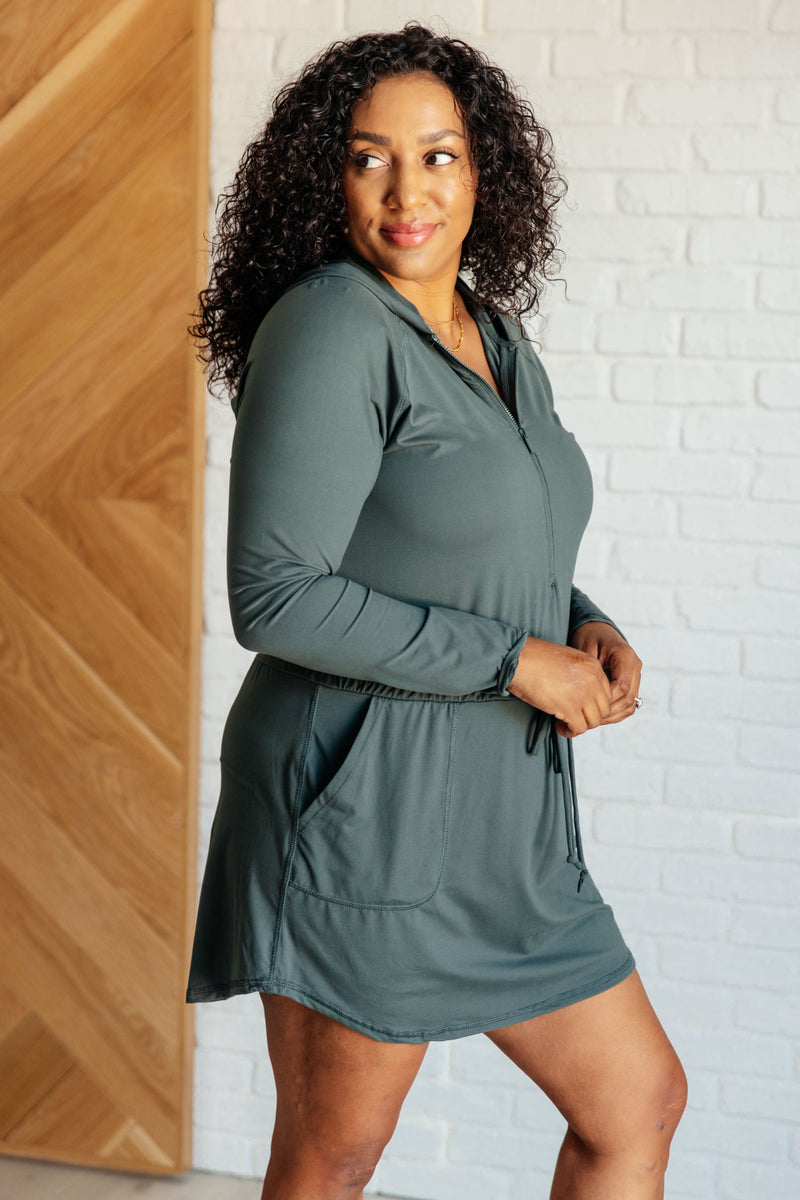 Hazel Blues® |  Getting Out Long Sleeve Hoodie Romper in Smoked Spruce
