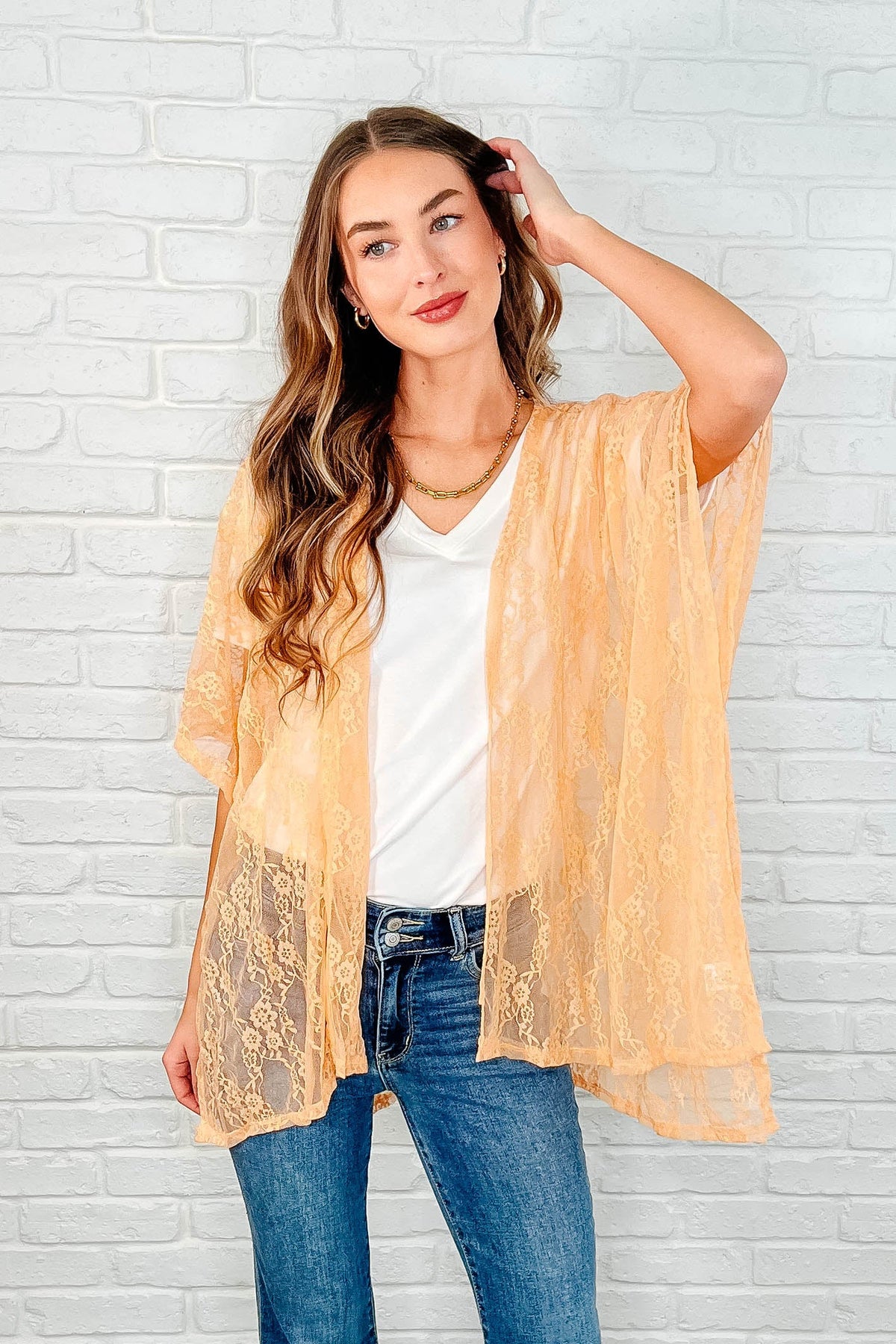 Hazel Blues® |  Good Days Ahead Lace Kimono In Peach