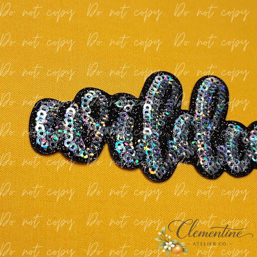 Wildcats Mascot Sequin Script Word | Small Iron-On Patch |  Hats, Clothing, Bags+