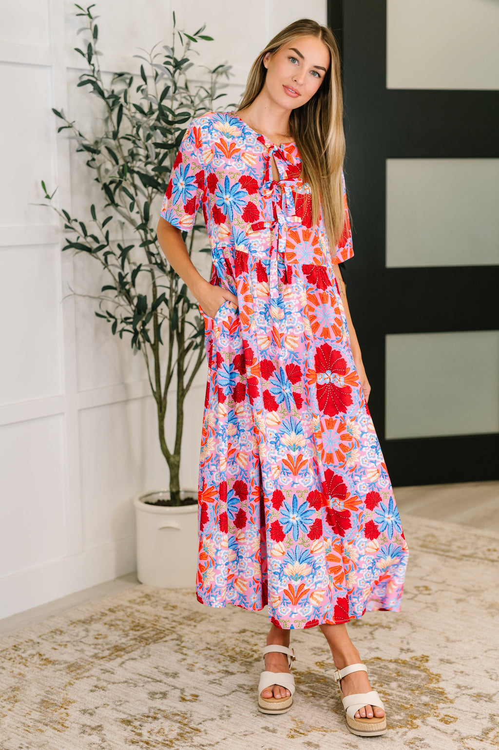 Hazel Blues® |  PREORDER: Half Sleeve Poplin Woven Dress in Pink and Blue Floral