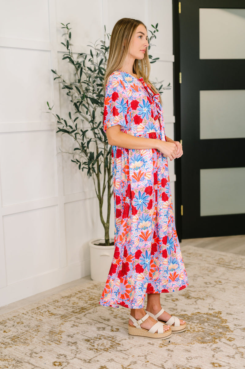 Hazel Blues® |  PREORDER: Half Sleeve Poplin Woven Dress in Pink and Blue Floral