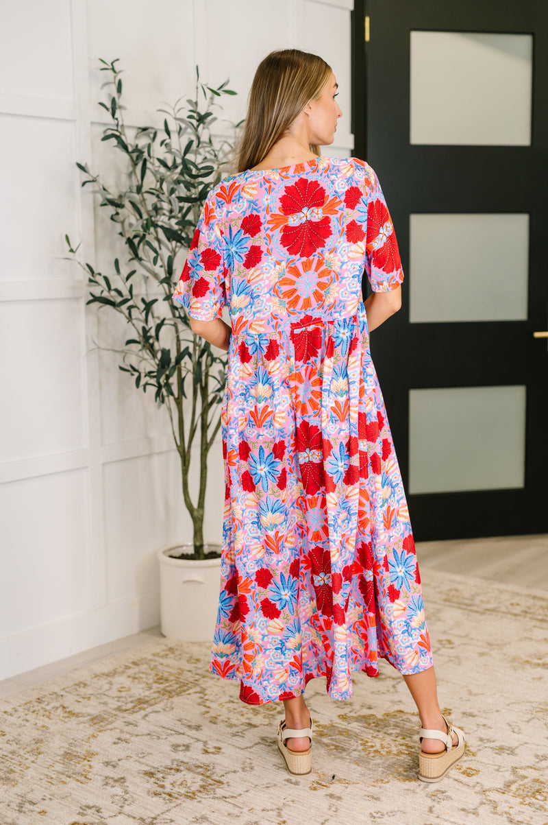 Hazel Blues® |  PREORDER: Half Sleeve Poplin Woven Dress in Pink and Blue Floral