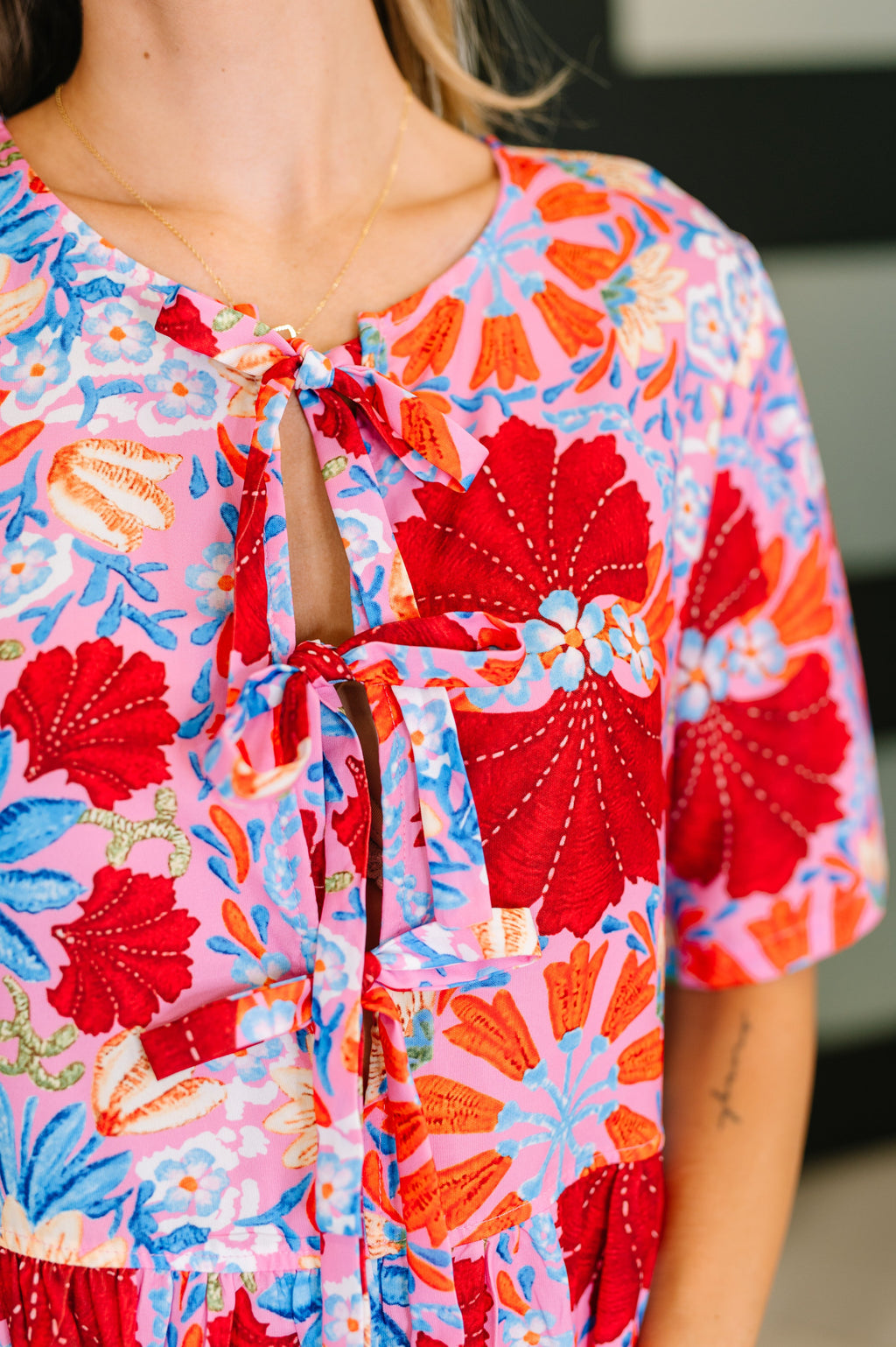 Hazel Blues® |  PREORDER: Half Sleeve Poplin Woven Dress in Pink and Blue Floral
