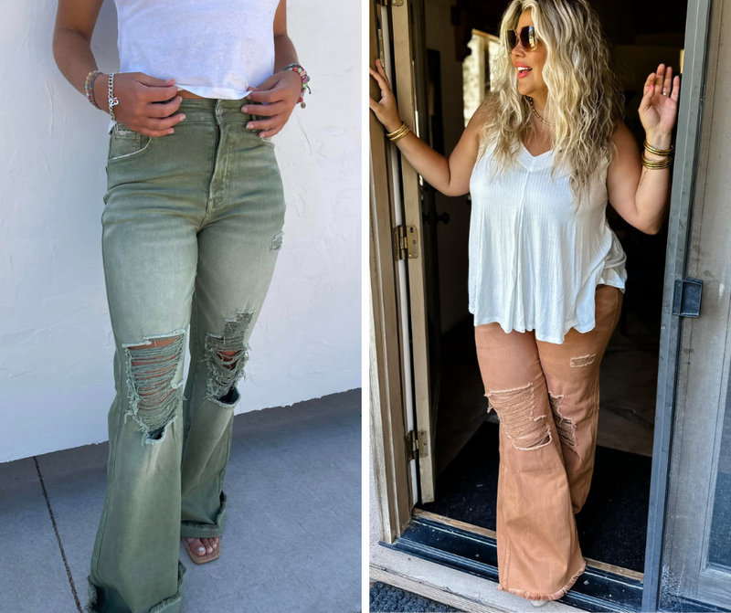 Hazel Blues® |  Blakeley Distressed Jeans In Olive and Camel