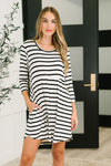 Hazel Blues® |  Haute Mess Scooped Hem Casual Dress in Black and White Striped
