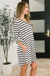 Hazel Blues® |  Haute Mess Scooped Hem Casual Dress in Black and White Striped