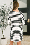 Hazel Blues® |  Haute Mess Scooped Hem Casual Dress in Black and White Striped