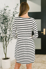 Hazel Blues® |  Haute Mess Scooped Hem Casual Dress in Black and White Striped