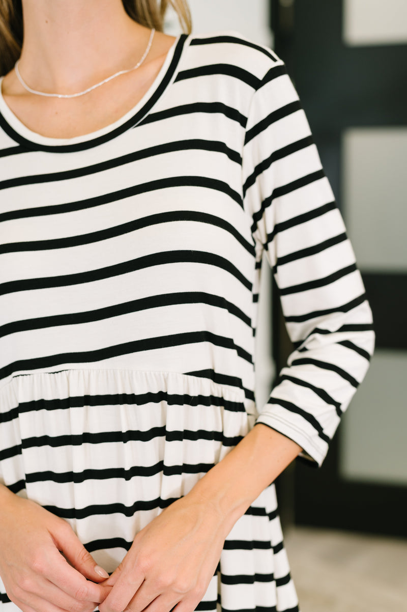 Hazel Blues® |  Haute Mess Scooped Hem Casual Dress in Black and White Striped